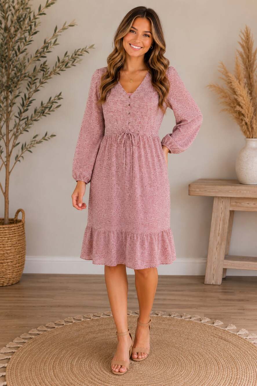 Mikarose Emory Dress Medium Blush Pink Polka Dot V Neck Ruffle Hem Midi